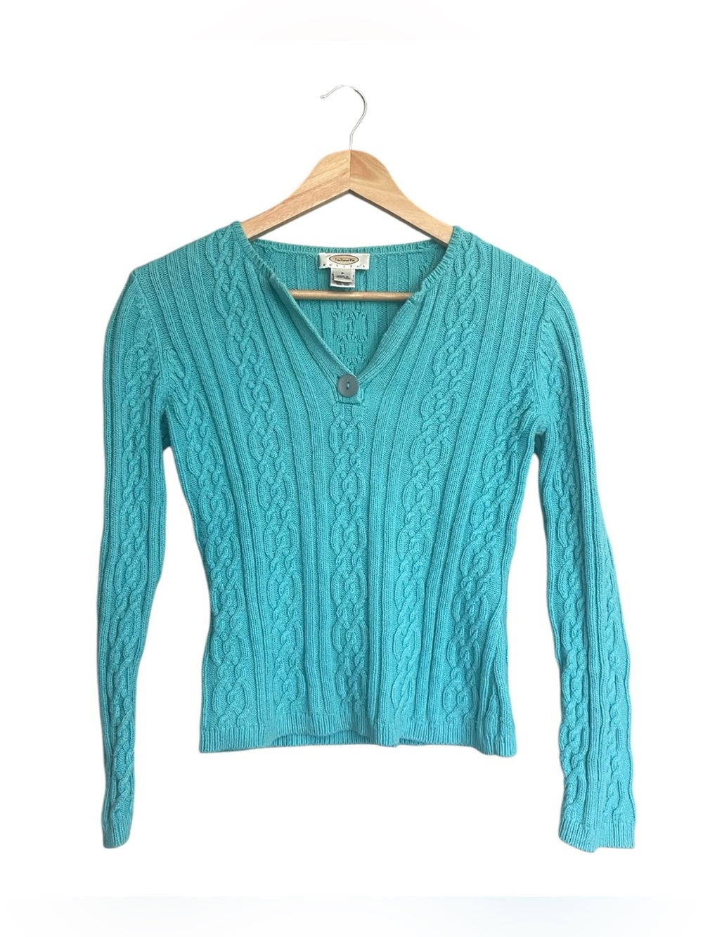 VTG Talbots Turquoise Cable-Knit V-Neck Sweater with Button